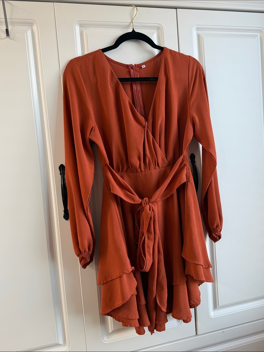Rust Wrap Tie-Waist Long-Sleeve Tiered Dress